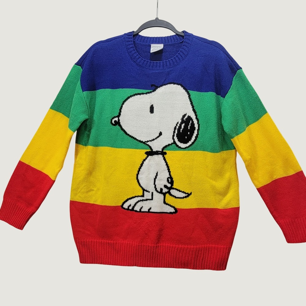 Peanuts Snoopy Crewneck Sweater Unisex Medium Rainbow Stripe Knit Colorblock